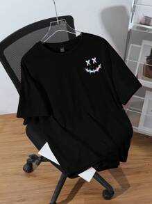 SHEIN EZwear 大码短袖 T 恤，彩色表情印花，休闲简约风格，宽圆领，适合夏季 - 黑色 - 查看 1