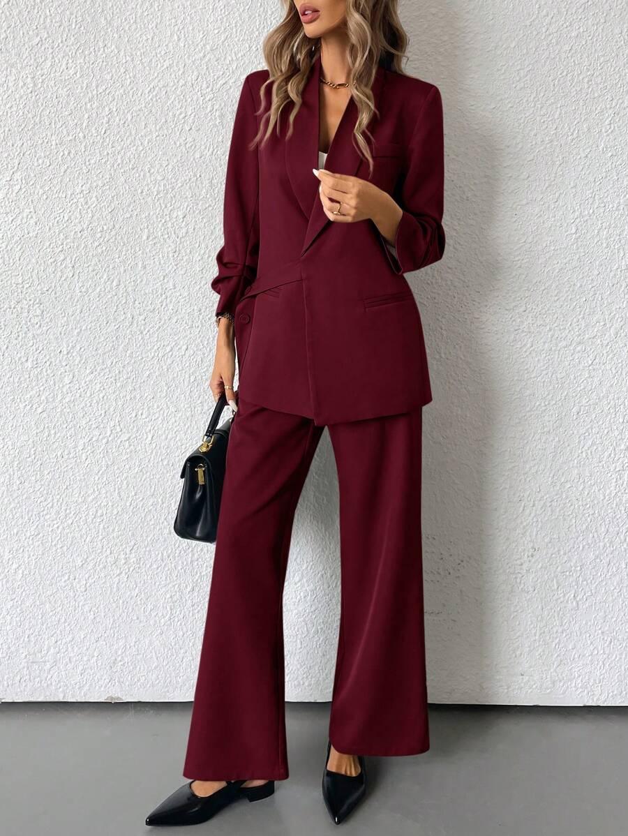 SHEIN BIZwear Solid Color Elegant OL Office Workwear Side Tie Design Flare Pants Suit  - Red - View 1