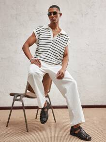 AKNOTIC Party Men's Loose Knit Casual Sweater, Suitable For Summer - Black and White - View 3