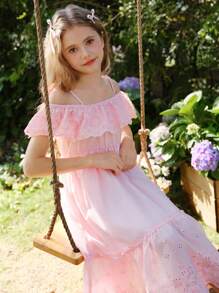 SHEIN Tween 女童荷叶边镂空刺绣长裙，优雅花卉度假派对风格连衣裙