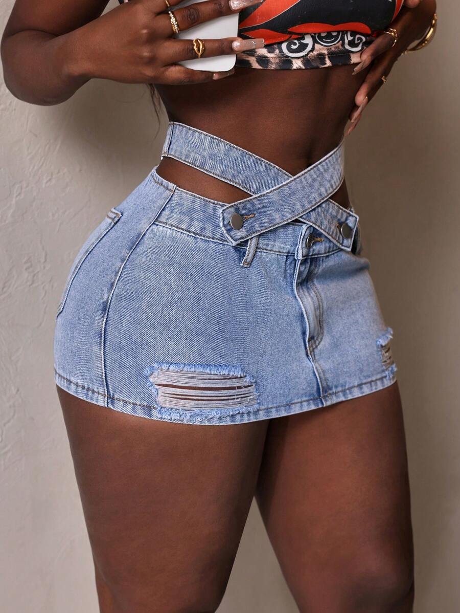 Slaydiva 女式前扣口袋做旧简约休闲牛仔裙 - 藍色 - 查看 1