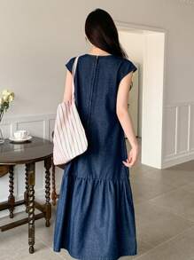 DAZY Women's Round Neck Ruffle Hem Long Denim Dress Sundress - Dark Wash - View 5
