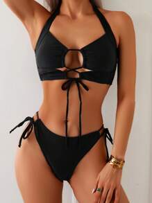 SHEIN Swim Springbreak Women Solid Color Elegant Cross Front Lace-Up Bikini Set Swimwear - Black - View 3