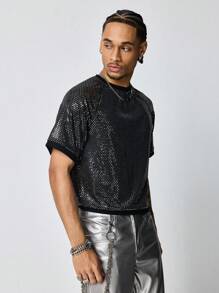 ROMWE MEN Street Life Men's Avant Round Neck Short Sleeve Casual Slim Fit Cropped T-Shirt - Black - View 4