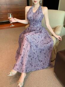 DAZY Damen Batik-Muster plissiertes Neckholder Midi-Kleid für den Sommer, Kleid für Hochzeit mit Blumenmuster - Verschiedenfarbig - Übersicht 3