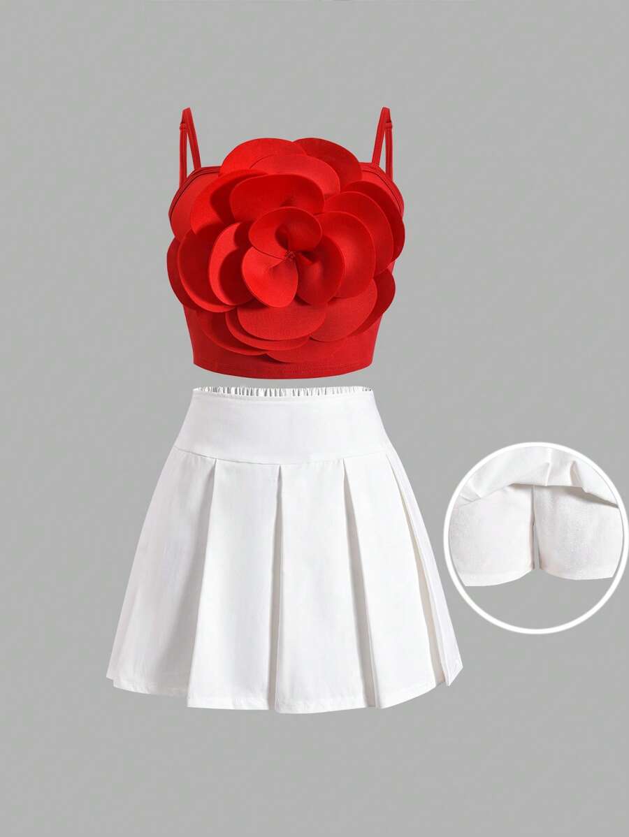 SHEIN Váy xếp ly hoa màu đỏ cho bé gái tuổi teen, thanh lịch và giản dị để mặc dự tiệc, mùa hè và duyên dáng cho khách dự tiệc cưới - trắng - Xem 1