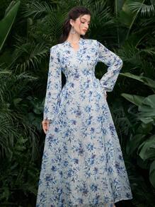 Al Najma 女式 V 领长袖花卉印花休闲阿拉伯连衣裙 - 藍色 - 查看 4