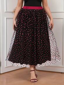 SHEIN Clasi Plus Size Elegant Heart Net Mesh Long Skirt Valentines/Valentine's Day - Black - View 3