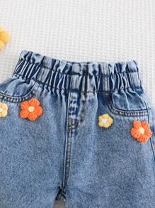 Cozy Pixies Young Girls' 3D Flower Decor Elastic Waist Casual Denim Shorts, Versatile & Comfortable