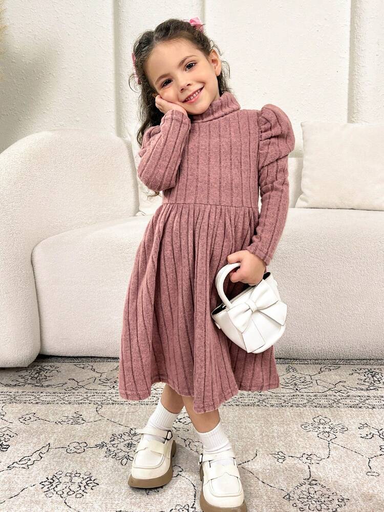 SHEIN 少女復古立領泡泡袖條紋長袖連衣裙 - 粉色 - 查看 3