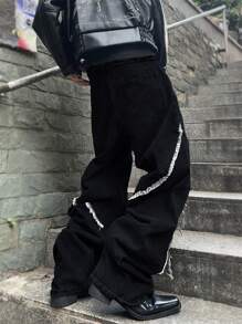Manfinity EMRG Men's Contrast Color Block Pocket Casual Loose Fit Jeans, Emo Style, Grunge - Black - View 2