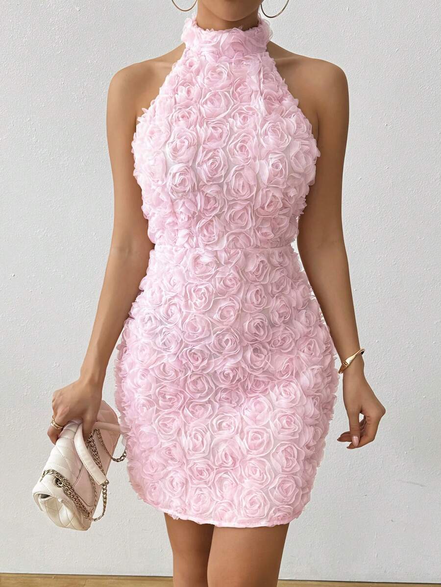 SHEIN Clasi Pink Rose Printed Backless Waist Fitted Banquet Dress For ...