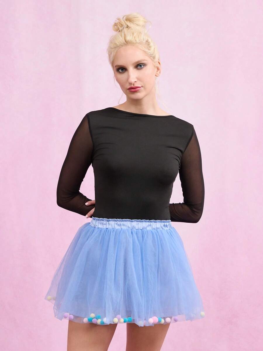 TryMe Rok Pesta Mini Wanita dengan Hiasan Pom-Pom dan Jala - Biru - View 1