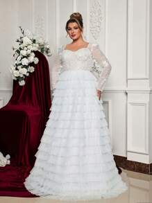 Glamrae 大码优雅白色对比心形领长袖透明刺绣拼布薄纱 A 字型婚纱 - 白色 - 查看 4