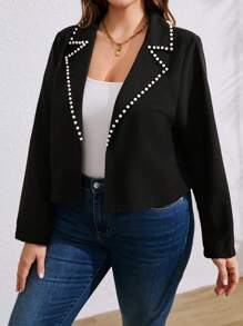 SHEIN LUNE Plus Size Solid Color Collar Bubble Pearl Long Sleeve Cropped Suit Jacket, Casual Resort Style, Spring/Autumn - Black - View 4