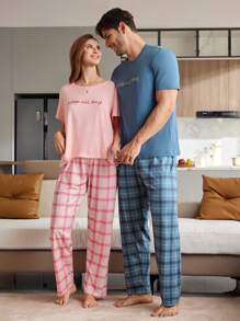 女士休闲圆领短袖上衣和长裤家居服套装 - 彩色 - 查看 4