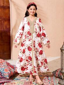 Tween Girls Abaya Kaftan Jalabiya 束腰外衣斋月当地传统保守服装，金色带领花朵宽松度假印花连衣裙 - 彩色 - 查看 4