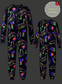 Tween Boy Video Game Fluorescent Graphic Zip Front Long Sleeve Jumpsuit Home Wear, Snug Fit
