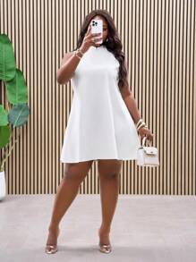 Slaydiva Plus Size White Summer Smart Casual Festa Party Dress,Sleeveless Stand Collar Backless Loose Mini Dress With Mesh Fabric,Elegant Graduation Gown - White - View 7