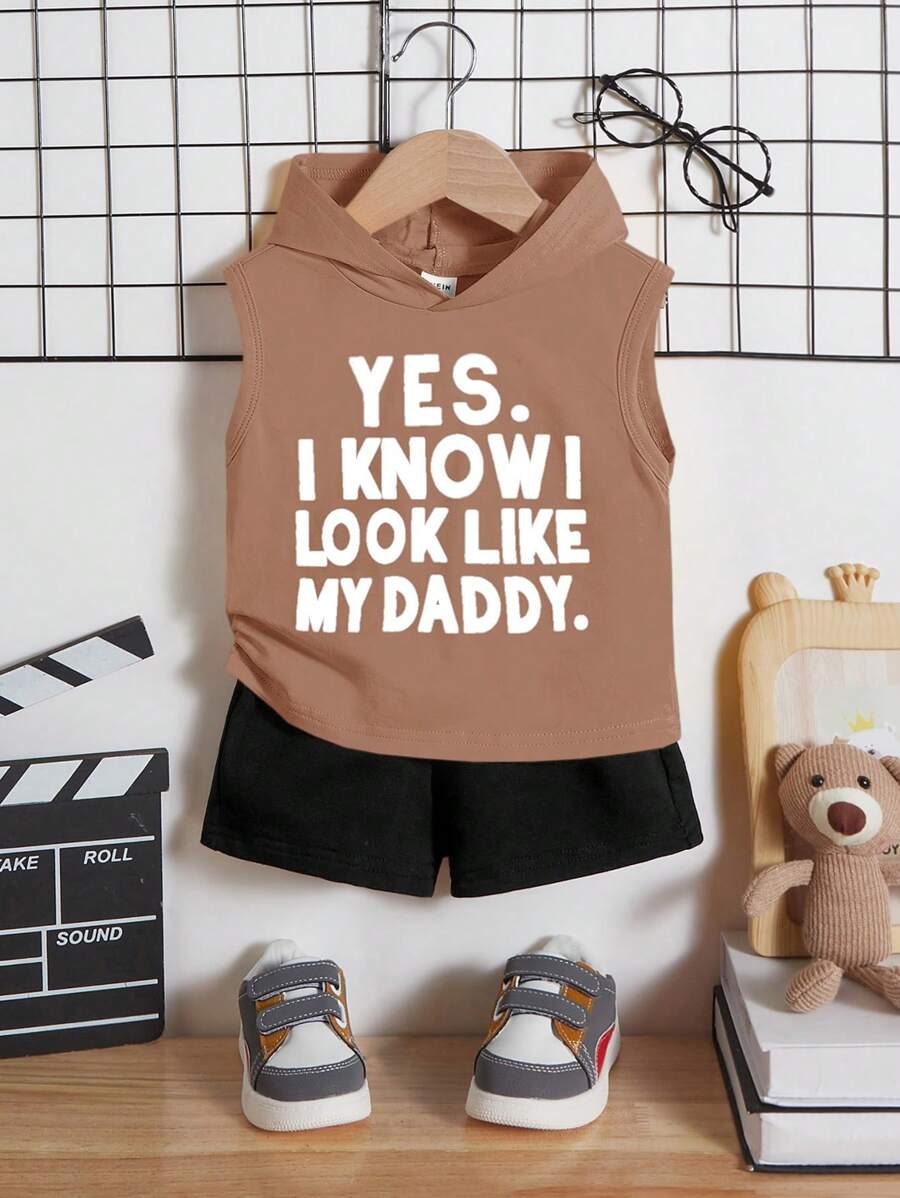 SHEIN Leap Crew Baby Boy/Girl Khaki Casual Versatile Letter Graphic Sleeveless Hoodie & Shorts Set, Comfortable Summer Outfit - Multicolor - View 1