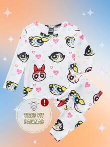 THE POWERPUFF GIRLS X SHEIN Ensemble de pyjama mignon pour bébé fille comprenant un t-shirt à manches longues blanc avec imprimé cœur de dessin animé et un pantalon, confortable et décontracté - Blanc - Voir 1