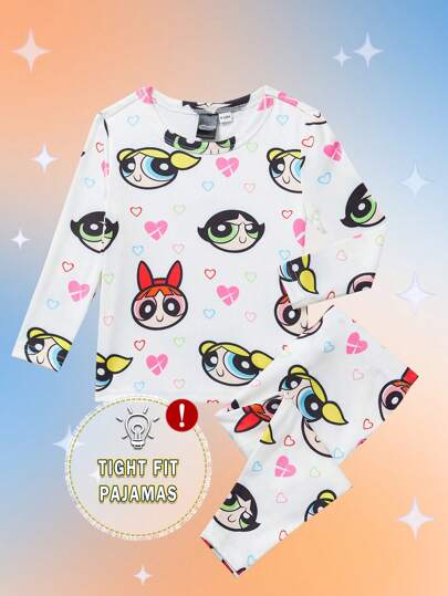 THE POWERPUFF GIRLS X SHEIN Baby Girl Cartoon Heart Print White Casual Comfortable Long Sleeve T-Shirt And Pants Cute Pajamas Set