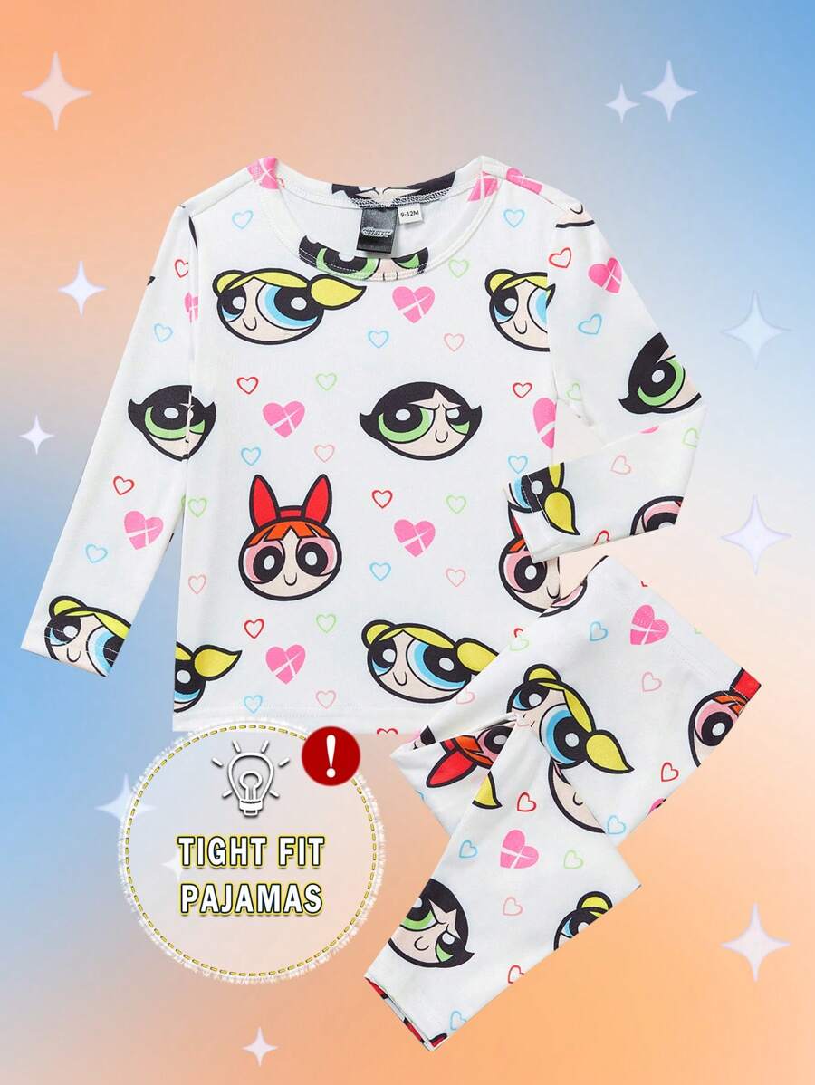THE POWERPUFF GIRLS X SHEIN Ensemble de pyjama mignon pour bébé fille comprenant un t-shirt à manches longues blanc avec imprimé cœur de dessin animé et un pantalon, confortable et décontracté - Blanc - Voir 1