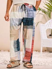 Manfinity VCAY Men's Woven Casual Loose Fit Elastic Waist Straight Leg Pants, Multi-Color, Daily & Young Style, Fall - Multicolor - View 3