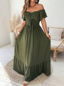SHEIN Clasi Plus Size Women Elegant Off Shoulder Ruffled Cinched Waist A-Line Long Dress, Spring/Summer - Army Green - View 5
