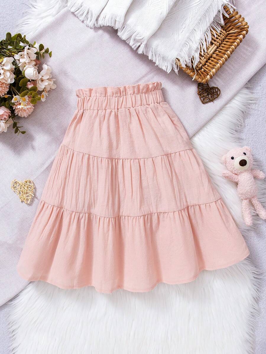 SHEIN Vintaside Kids Young Girls' Vacation Country Style Comfortable Linen Skirt,Holiday,Summer,Travel, School, Campus, College - Pink - View 1