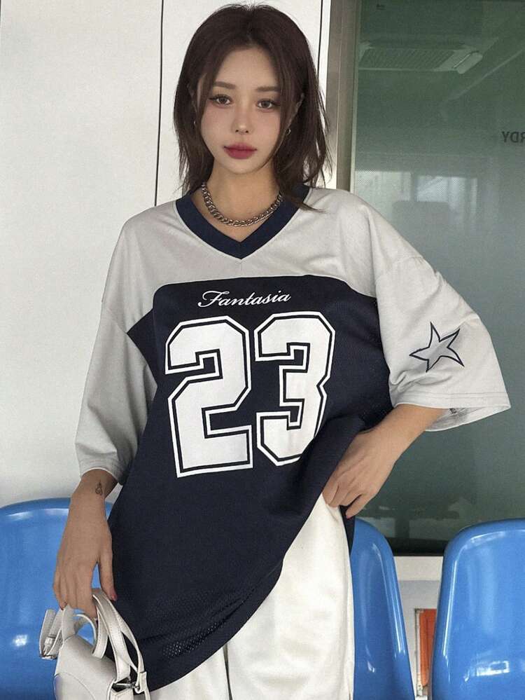 Streetwear Style Loose V-Neck Short Sleeve T-Shirt With Contrast Color Splicing For Women Oversized T-Shirt,Graphic Tees Preppy Tops
