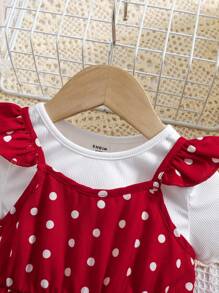 SHEIN 2pcs/Set Cute Summer Polka Dot Mesh Dress And Knit Top Outfit For Babygirl