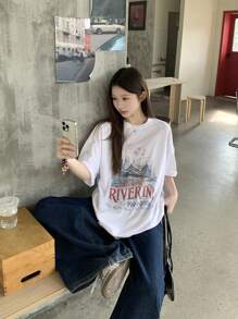 DAZY 女式圆领休闲逼真印花短袖 T 恤图案 T 恤，教师服装