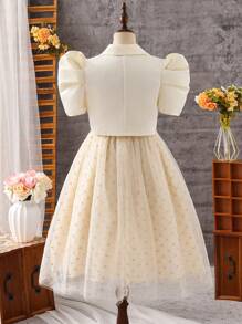 Blusa con cuello vuelto y manga corta con falda de malla, conjunto informal de vacaciones para niña preadolescente
