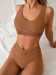 Swim Lushoire Bikini da donna a 2 pezzi, semplice tinta unita, arricciato, per spiaggia - Arancione - Visualizzare 1