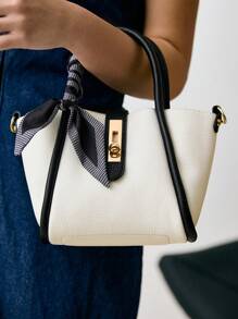 Bolso de mano con decoración de bufanda delgada y bolsillo interior, regalo de Navidad, San Valentín, invierno - Blanco y Negro - Ver 7