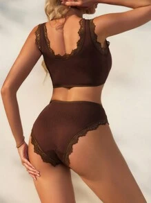 2pcs/Set Women Plain Lace Patchwork Simple Wireless Casual Bra Set - Coffee Brown - View 2