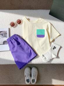 SHEIN 2pcs/Set Baby Boy Casual Korean Style Color Block Patch Pocket Crew Neck Pullover T-Shirt And Solid Woven Shorts Set, Suitable For Spring & Summer - Purple - View 3