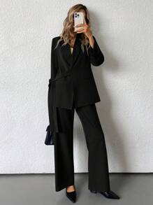 SHEIN BIZwear Solid Color Elegant OL Office Workwear Side Tie Design Flare Pants Suit  - Black - View 4