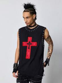 ROMWE MEN Street Life Men's Punk Cross Print Round Neck Casual Tank Top - Black - View 6