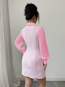 Elenzga Elegant Romantic Women's Dress, Contrast Color Fabric Patchwork Bow Design 2 In 1 Fall Cloth For Women - Pink - View 2