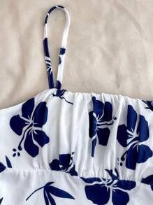 SHEIN Teen Girl Blue Floral Print On White Adorable Cami Dress, Fitted Vacation/Holiday Dress - Blue and White - View 4