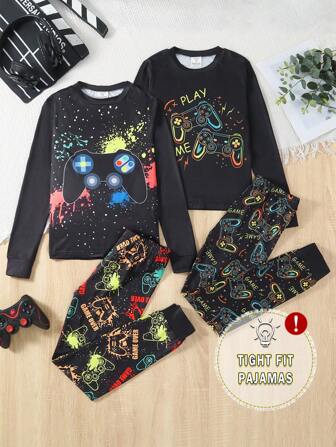 4 pièces/Set Pyjama ajusté pour pré-adolescents, comprend un pantalon moulant à imprimé élément de jeu vidéo graphique noir et un Top à manches longues, décontracté et