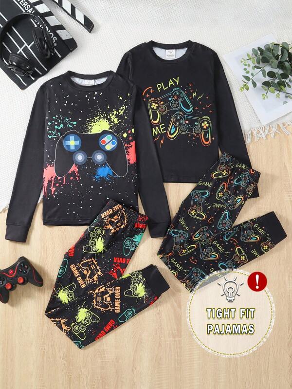 4 pièces/Set Pyjama ajusté pour pré-adolescents, comprend un pantalon moulant à imprimé élément de jeu vidéo graphique noir et un Top à manches longues, décontracté et