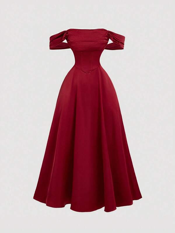 SHEIN MOD 1pc Women's Elegant Off Shoulder Burgundy Long Dress,Birthday Dresses For Women,Wedding Guest Dress Women,Cruise Outfits Women,Valentine's Day Dress,Red Dresses Classy Elegant,Club Outfits Women Sexy