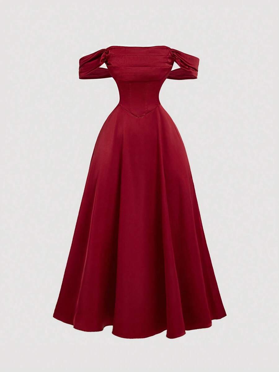 SHEIN MOD 1 chiếc váy dài hở vai màu đỏ tía thanh lịch cho nữ, váy sinh nhật cho nữ, váy dự tiệc cưới cho nữ, trang phục đi du ngoạn cho nữ, váy ngày lễ tình nhân, váy đỏ sang trọng thanh lịch, trang phục câu lạc bộ gợi cảm cho nữ - Màu Đỏ Sâu - Xem 1