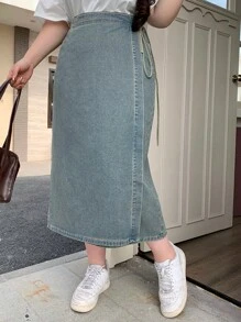 Dazy Plus 大码水洗做旧直筒系带连体牛仔裙，适合所有季节秋冬 - 藍色 - 查看 8
