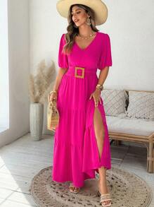 SHEIN LUNE Plus Size Hot Pink Maxi Dress For Women: Summer Vacation Tiered Dress With V-Neck And Belt - Hot Pink - View 4