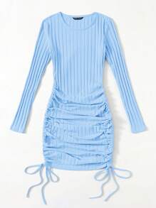SHEIN EZwear Vestido ajustado con fruncido lateral con cordón - Celeste - Ver 4