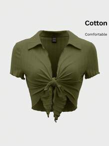 SHEIN EZwear Tie Front Lettuce Trim Crop Tee - Army Green - View 5